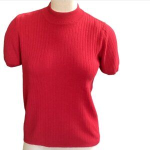Ribbed Knit Short Sleeve Mock Neck Sweater S Red  by Laura Scott #223P